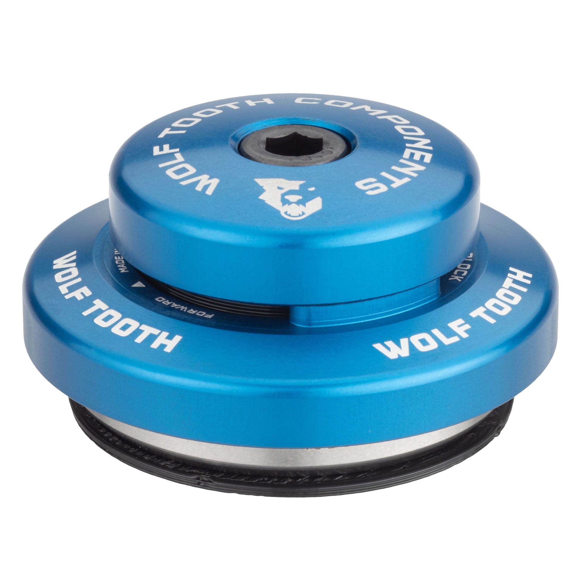 Wolf Tooth Premium Headset for Trek Knockblock mountain bikes, shown in blue.