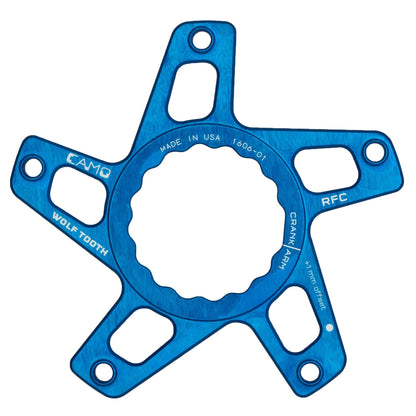 Wolf Tooth CAMO chainring spider for Race Face cranksets, shown in blue anodized color.