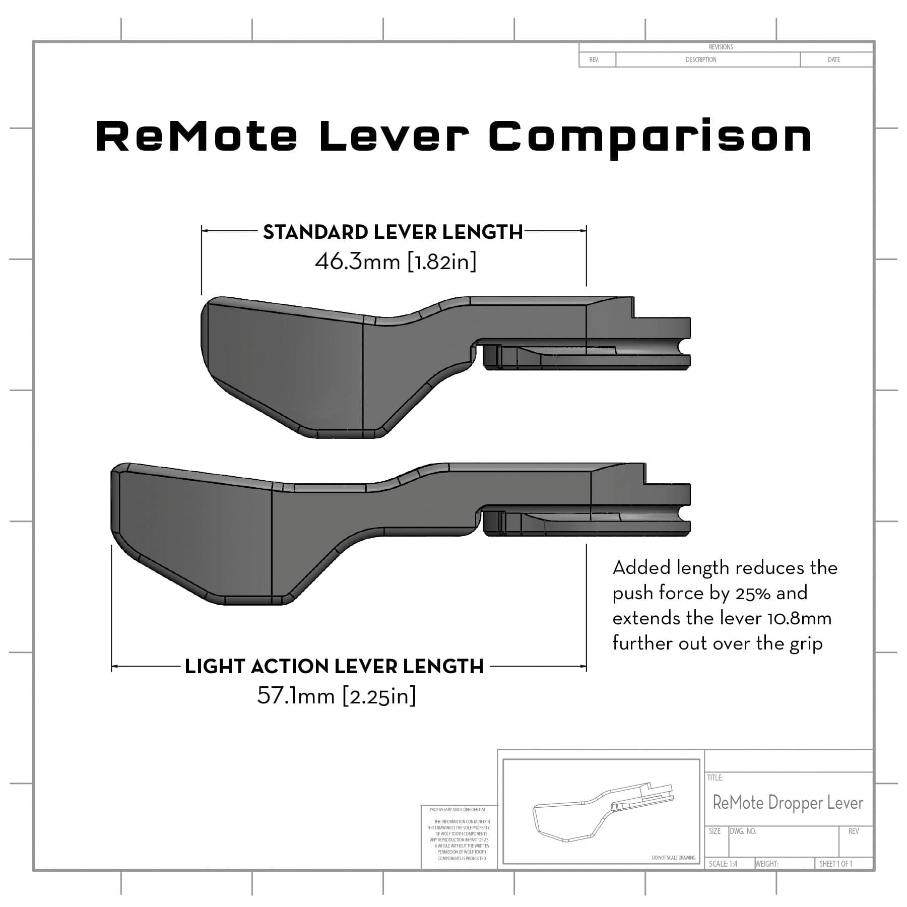 Illustration showing the 46.3mm standard ReMote lever and the 57.1mm Light Action ReMote lever.